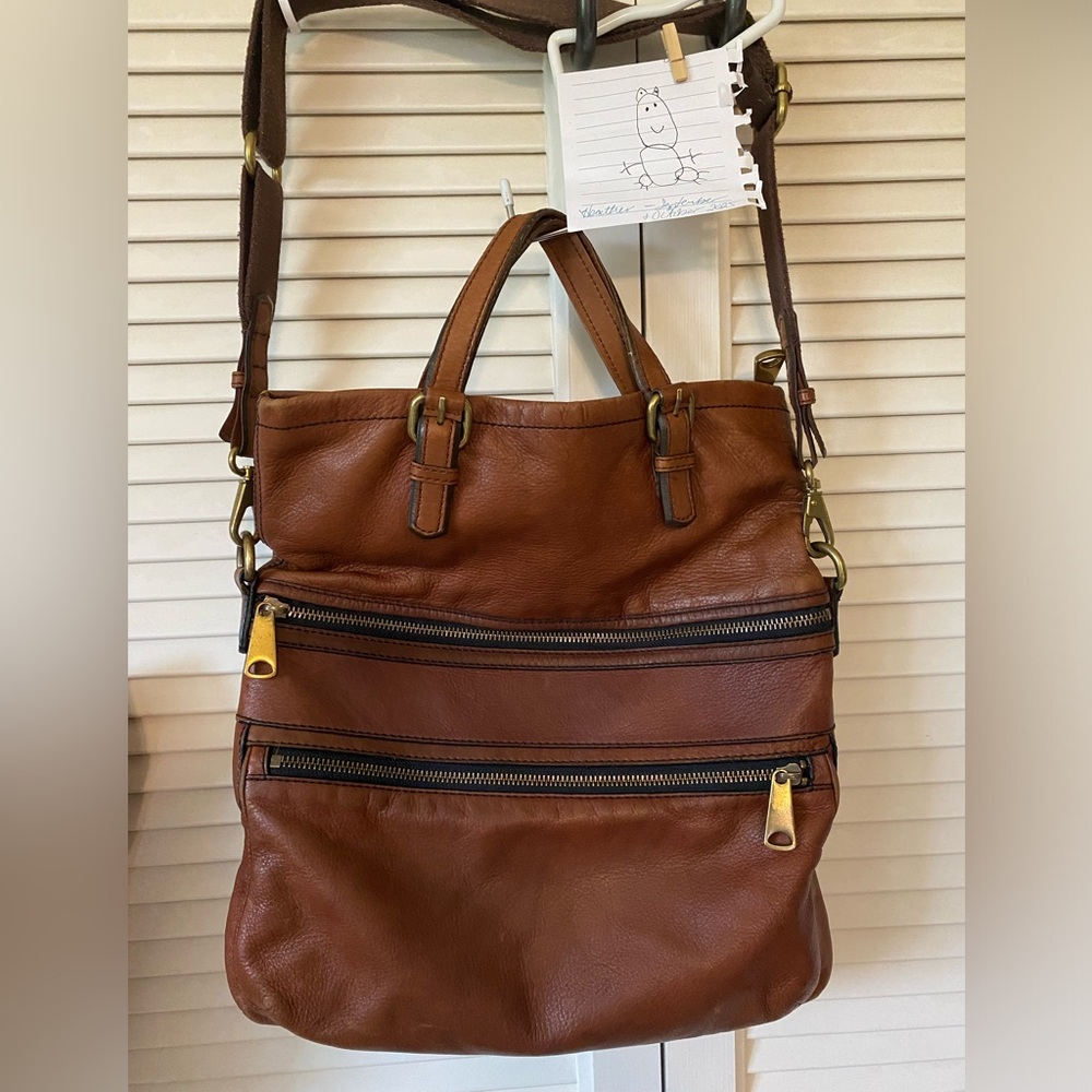 FOSSIL Leather Foldover Shoulder Crossbody Bag Tote Messanger - Picture 11 of 13